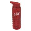 A drink bottle in red Tritan material with a screw-on lid and a logo.