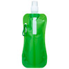 A drink bottle in bright green, featuring a spray nozzle and a carabiner clip, with a simple branding logo.