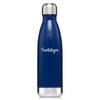 A drink bottle with a sleek navy blue design and a stainless steel top featuring a logo.