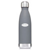A drink bottle in grey with a stainless steel cap and a logo on the body.