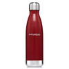 A drink bottle in a deep red colour with a sleek stainless steel base and a logo.
