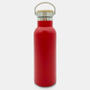A drink bottle featuring a sleek red design with a stainless steel cap and a wooden handle.