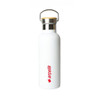 A drink bottle in white with a wooden lid and a logo on the front, featuring a sleek design.