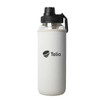 A drink bottle with a clear body and black lid, encased in a white sleeve featuring a logo.