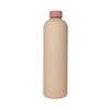 A drink bottle in a muted beige colour with a pink cap, featuring a logo on its surface.