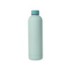 A drink bottle with a turquoise body and matching cap, featuring a logo on the side.