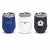 Three insulated mugs with lids in blue, white, and black, featuring different logos.