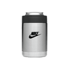 A stainless steel stubby cooler with a black top and a logo. Suitable for holding cans.