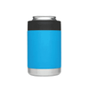 A drink bottle featuring a vibrant blue exterior with a black top and a stainless steel base, designed as a stubby holder.