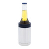 A silver stubby cooler containing a bottle of beer, featuring a dark blue top and a sleek design.