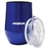 A drink bottle in a deep blue colour with a clear lid and a logo on the side.