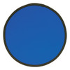 A blue fold-up flying disc with a black rim and a circular shape, featuring a logo.