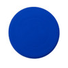 A blue silicone frisbee with a smooth surface and a circular shape, featuring a logo in the centre.