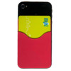 A smartphone with a red silicone wallet on the back, holding a yellow card. The wallet features a smooth, curved design.