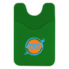 A green phone wallet with a pocket and a logo in the centre. Ideal for holding cards and cash.