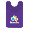 A purple phone wallet featuring a pocket design and a logo at the bottom.