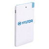 A white ultra slim power bank with a blue corner and a logo on the surface.