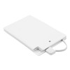 A white ultra-slim power bank with a built-in charging cable and indicator light. 