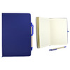 A navy blue recycled notebook with a textured cover, opened to reveal lined pages and a matching pen.