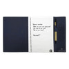 A large A5 journal book with a dark blue cover, featuring lined pages and a pen holder.