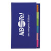A blue adhesive note marker strip book with colourful sticky tabs and a logo on the front cover.