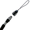 A black lanyard with a plastic clip and a detachable end, designed for holding items like ID cards or keys.