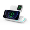 A white 15W 3-in-1 fast wireless charger, featuring slots for a smartphone, smartwatch, and earbuds.