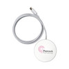 A white magnetic wireless charger with a grey cable and a logo on the surface.