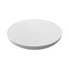 A white circular wireless charger with a smooth surface and a minimalistic design. It includes a logo.