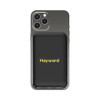 A black Hayward Magnetic Power Bank with a gold logo, designed to fit a smartphone.