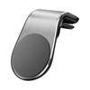 A metallic car phone holder with a sleek design featuring a circular magnetic surface and a clip attachment.