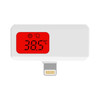 A white digital thermometer with a red display showing a temperature reading of 38.5°C. It has a connector for smartphones.