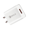A white USB wall charger with Qualcomm Quick Charge 3.0 technology and a single USB-A port.