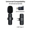 A black wireless microphone with a USB Type C and 8 Pin adapter, featuring a branding logo.