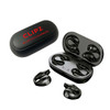 A pair of black TWS earbuds in a charging case, featuring a logo on the lid.