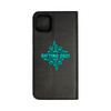 A black Bronte Folio iPhone case with a turquoise logo design and a textured finish.