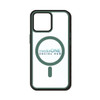 A green and clear phone case with a logo and MagSafe compatibility. Designed for iPhone models.