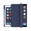 A navy tablet case with a foldable cover, featuring a stylus and open iPad interface.