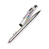 A silver 4-in-1 stylus pen with a logo, featuring a stylus tip and ballpoint tip.