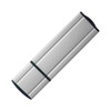 A silver flash drive with a black end, featuring a sleek, rectangular design and a logo.