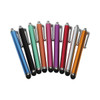 A collection of stylus pens in various colours, including blue, green, orange, purple, red, and silver, with a clip and a rounded tip.