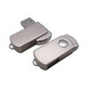 A silver swivel flash drive with a metal finish featuring a logo and a rotating cover.