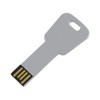 A silver USB flash drive shaped like a key, featuring a gold connector and a hole for easy attachment.
