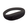 A black silicone wristband with a smooth finish and a raised area, featuring a logo.