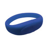 A blue silicone wristband featuring a smooth surface and a branding area for customisation.
