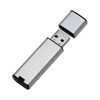 A silver flash drive with a removable cap, featuring a USB connector and a sleek design.