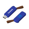 A blue Turin Flash Drive with a brown strap, featuring logos on both sides.
