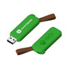 A green flash drive with a brown strap, featuring logos on both sides.
