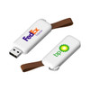 A white flash drive featuring a brown strap and logos for FedEx and BP on opposite sides.