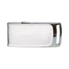 A white leather flash drive with a silver accent, featuring a branding logo.